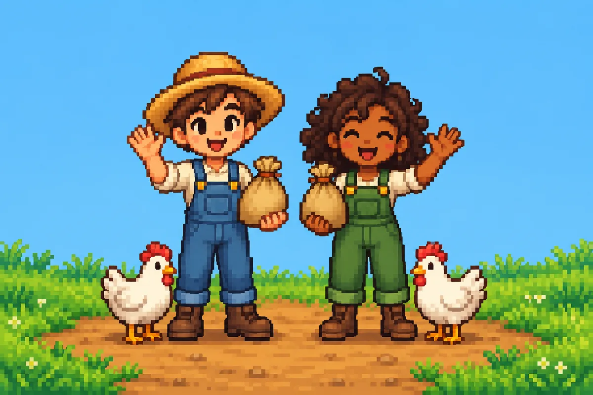 Two pixel-art farmers holding identical seed bags, each with a matching chicken.