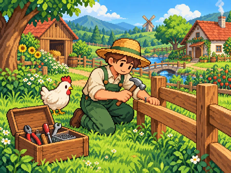 Illustration: a farmer repairs a fence with a hammer while a chicken watches.