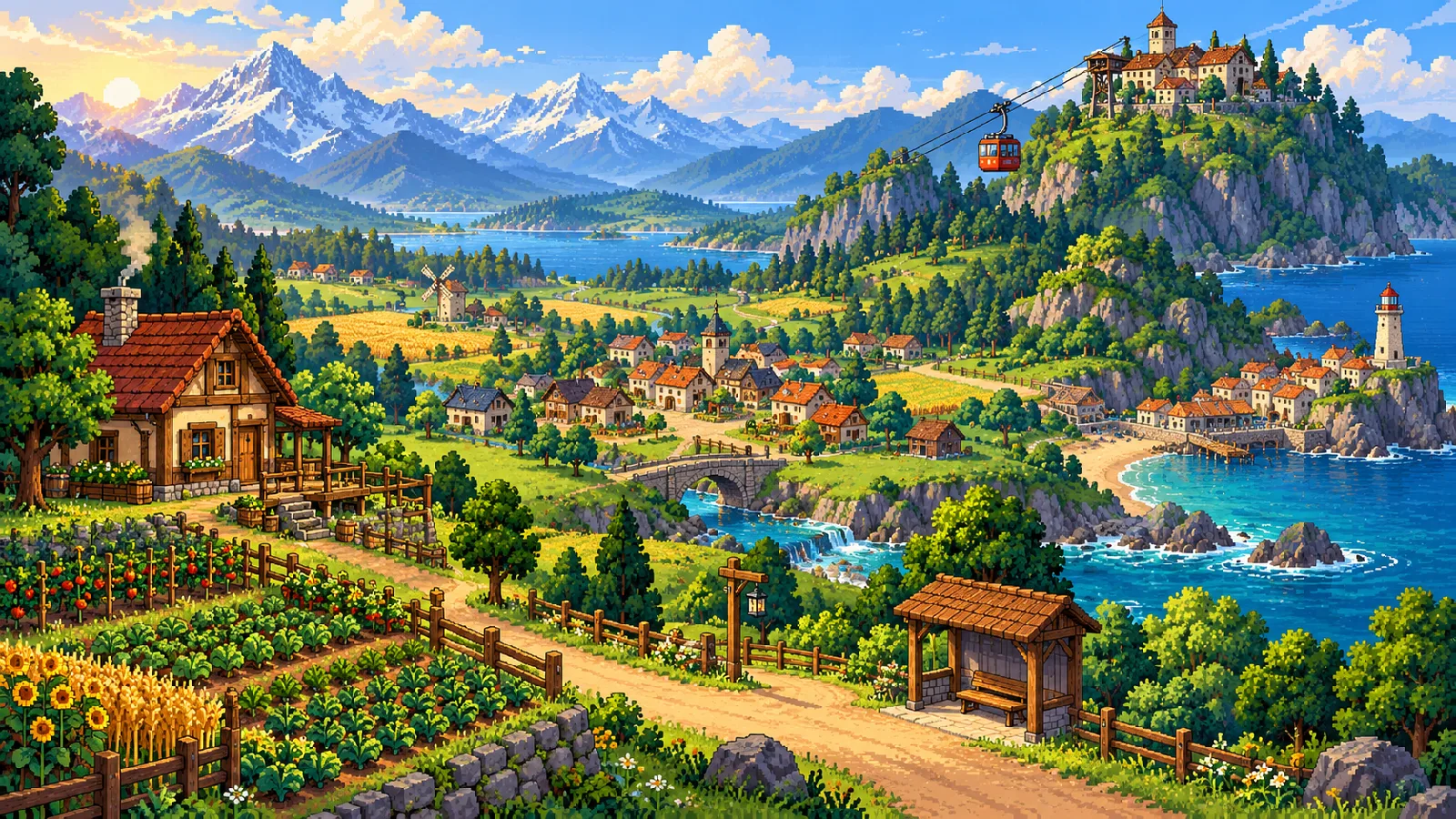 Illustration of an expanded farming valley: a farm and bus stop in front, a village in the middle, a cable car climbing to a hillside village, and a seaside town with a lighthouse.