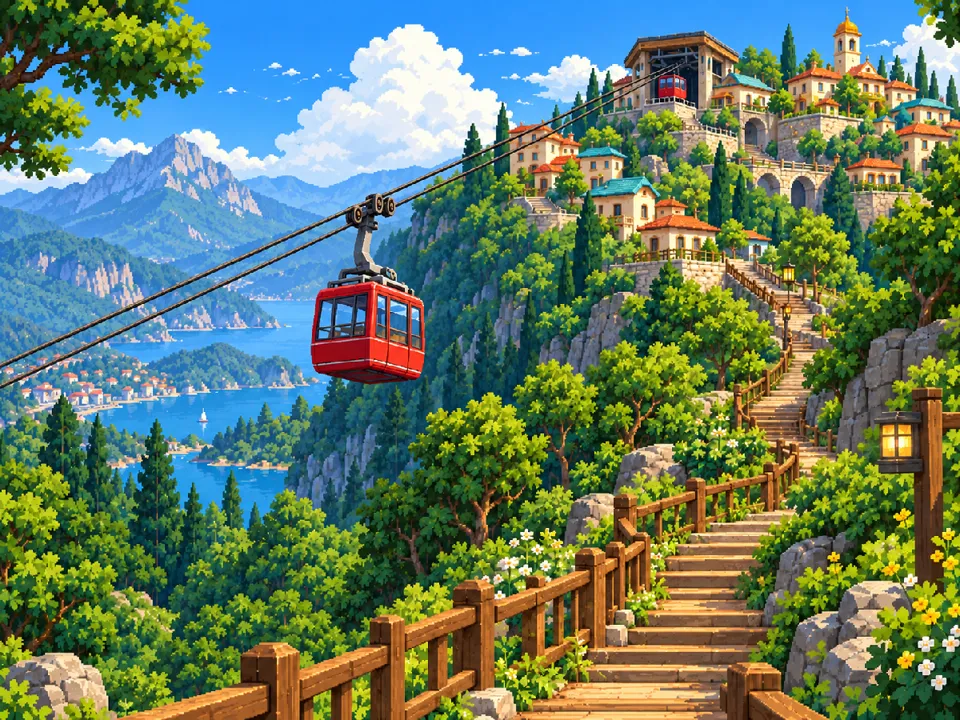 Illustration of a cable car climbing a ridge. Not the in-game view of Ridgeside.