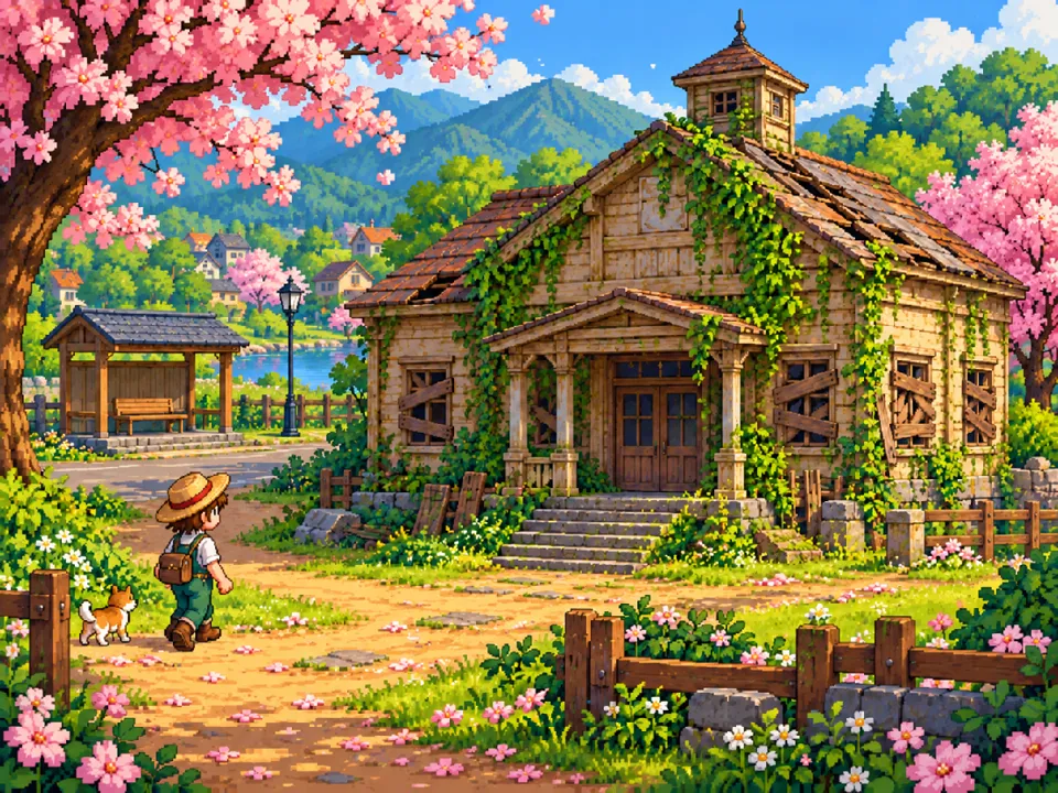 Illustration: a farmer arrives from the bus stop at an old overgrown community hall on a sunny spring morning.