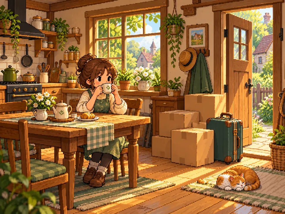Illustration: a new villager drinks tea at home next to moving boxes.