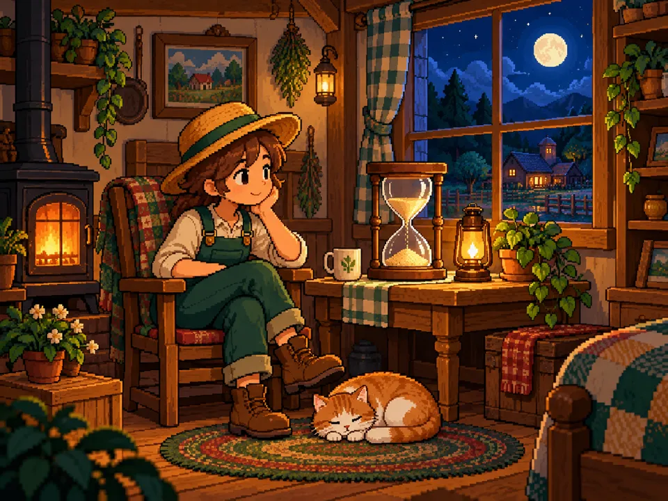Illustration: a farmer waits by the window beside a big hourglass while a cat sleeps.