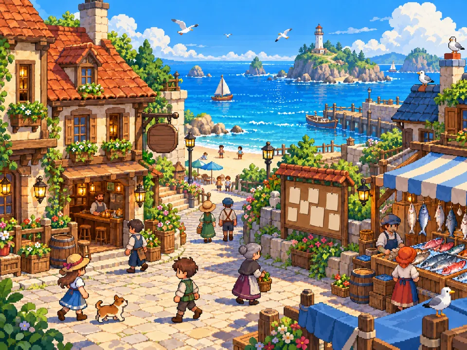 Illustration of a seaside village street. Not the in-game view of East Scarp.